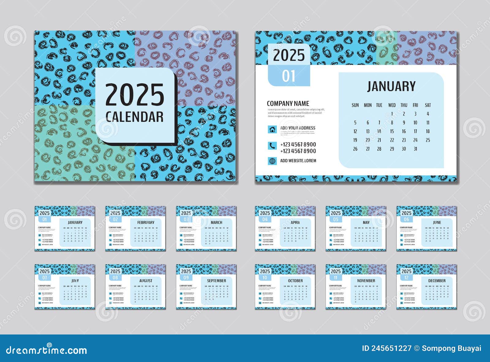 Calendar 2025 Template Vector, Set Desk Calendar 2025 Template, Wall