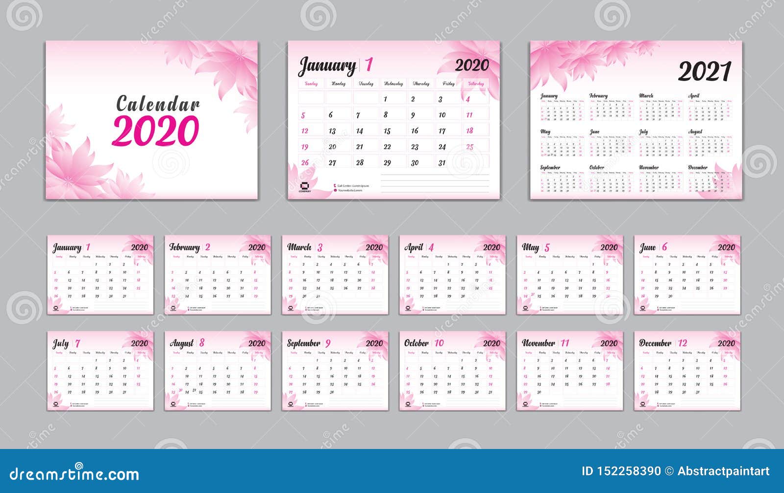 Set Desk Calendar 2020 Vector Calendar 2021 Design Week Start On