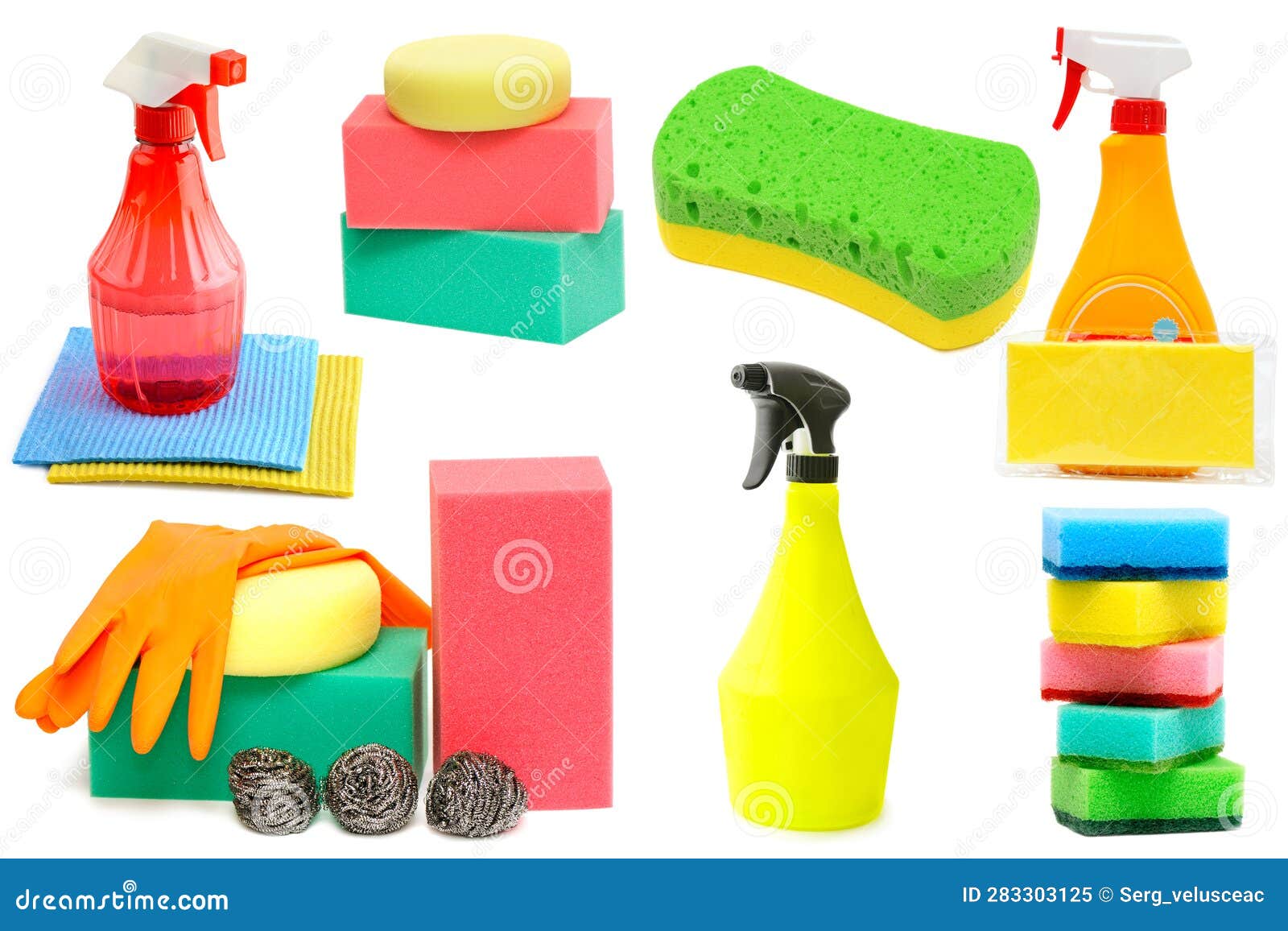 Set of Detergents for Bathroom and Kitchen Isolated on White Stock