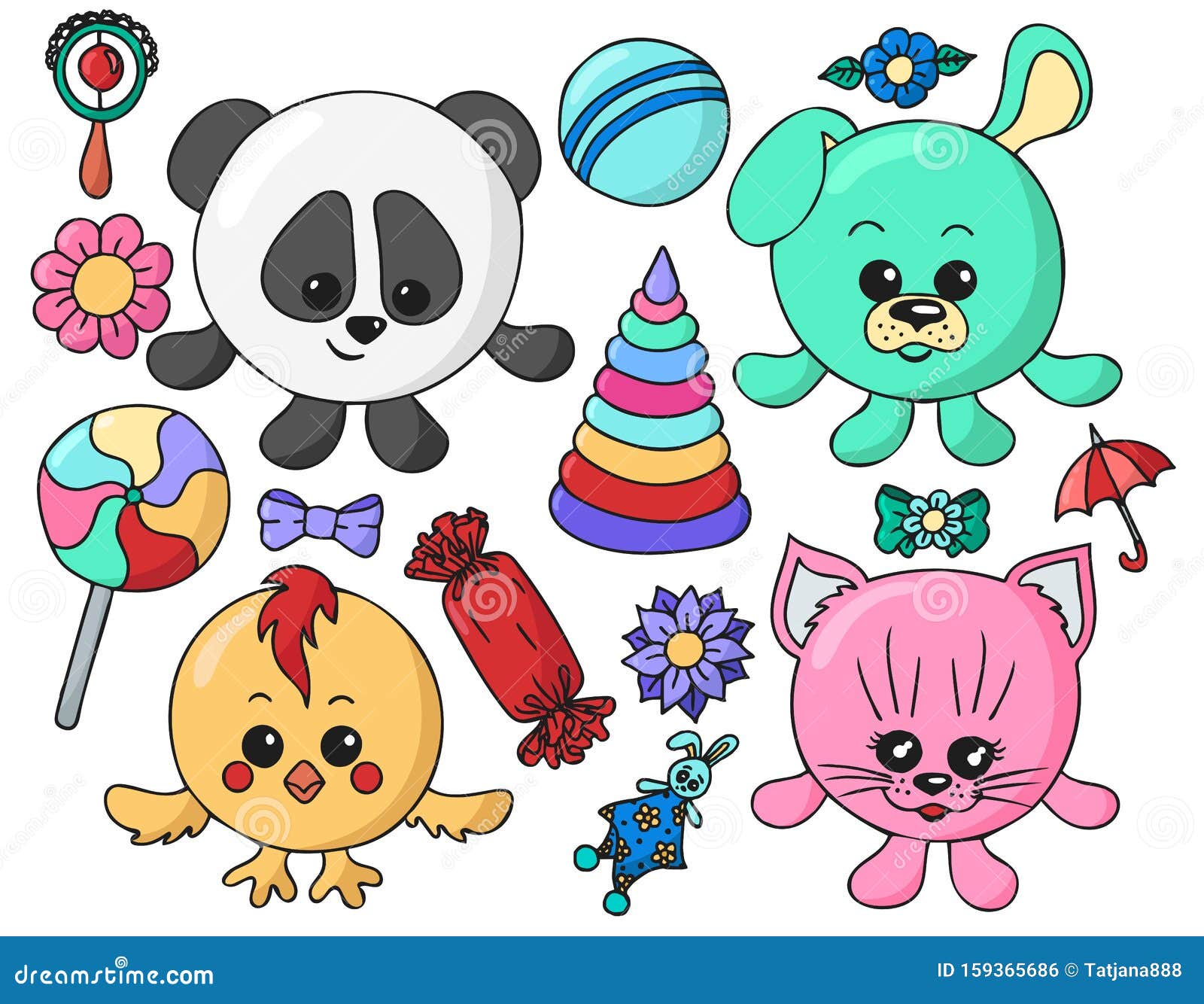 Set Di Carini Di Animali Rotondi Panda Cane Pollo Gatto Fiori E Giocattoli Per Bambini Illustrazione Vettoriale Illustrazione Di Caramella Mano