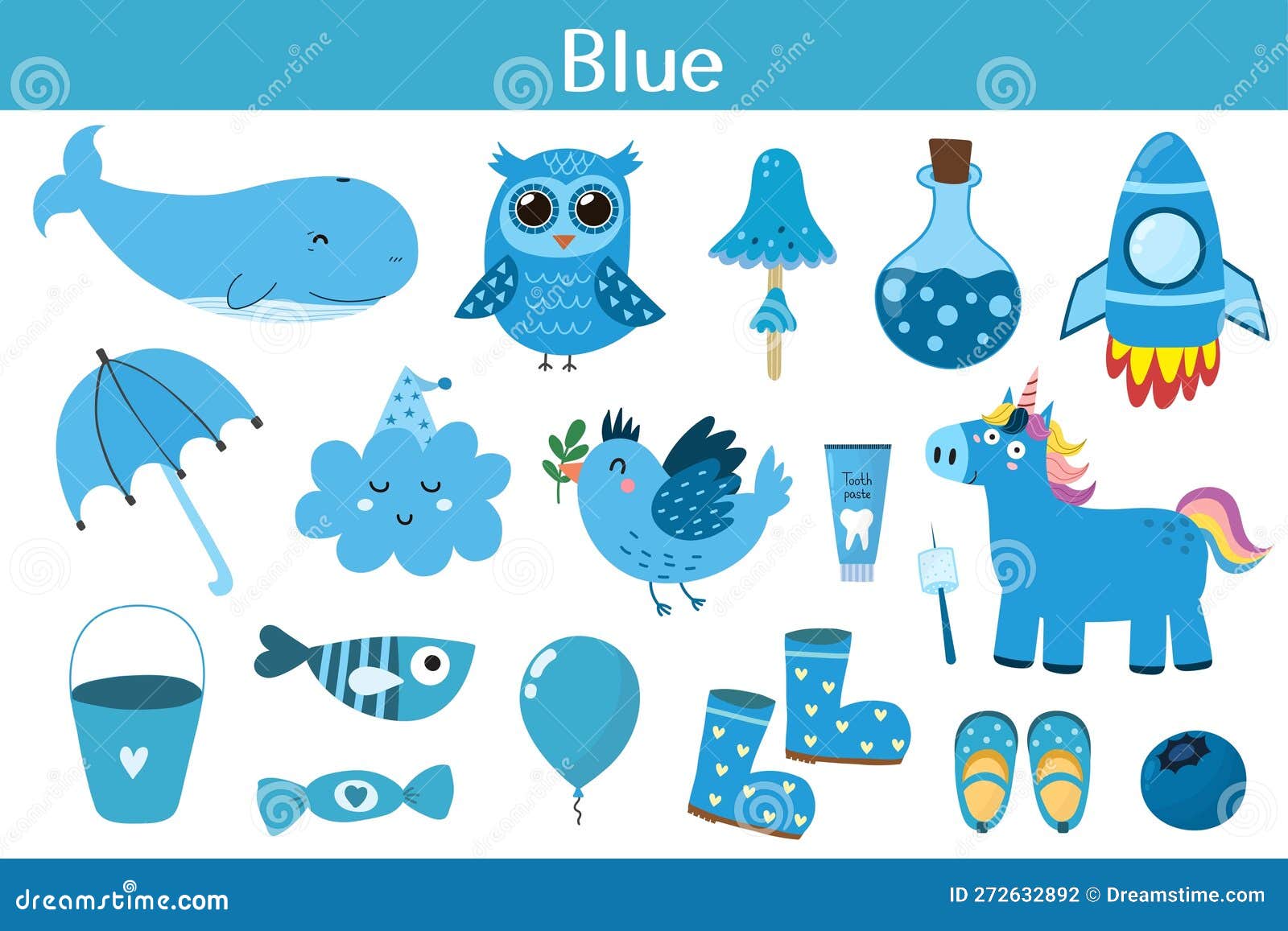 Set Di Oggetti a Colori Blu. Imparare I Colori Per I Bambini