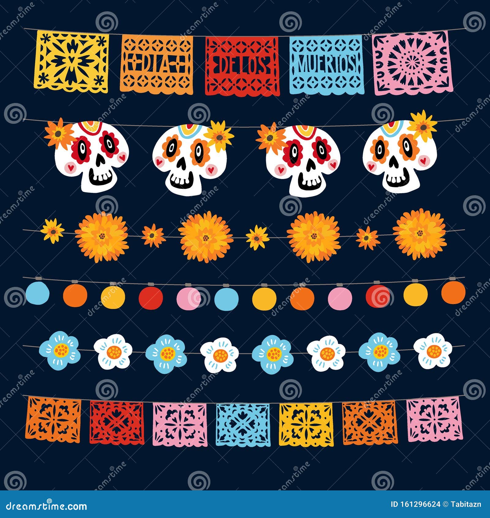 set of dia de los muertos, mexican day of the dead garlands with lights, bunting flags, papel picado, marigold and