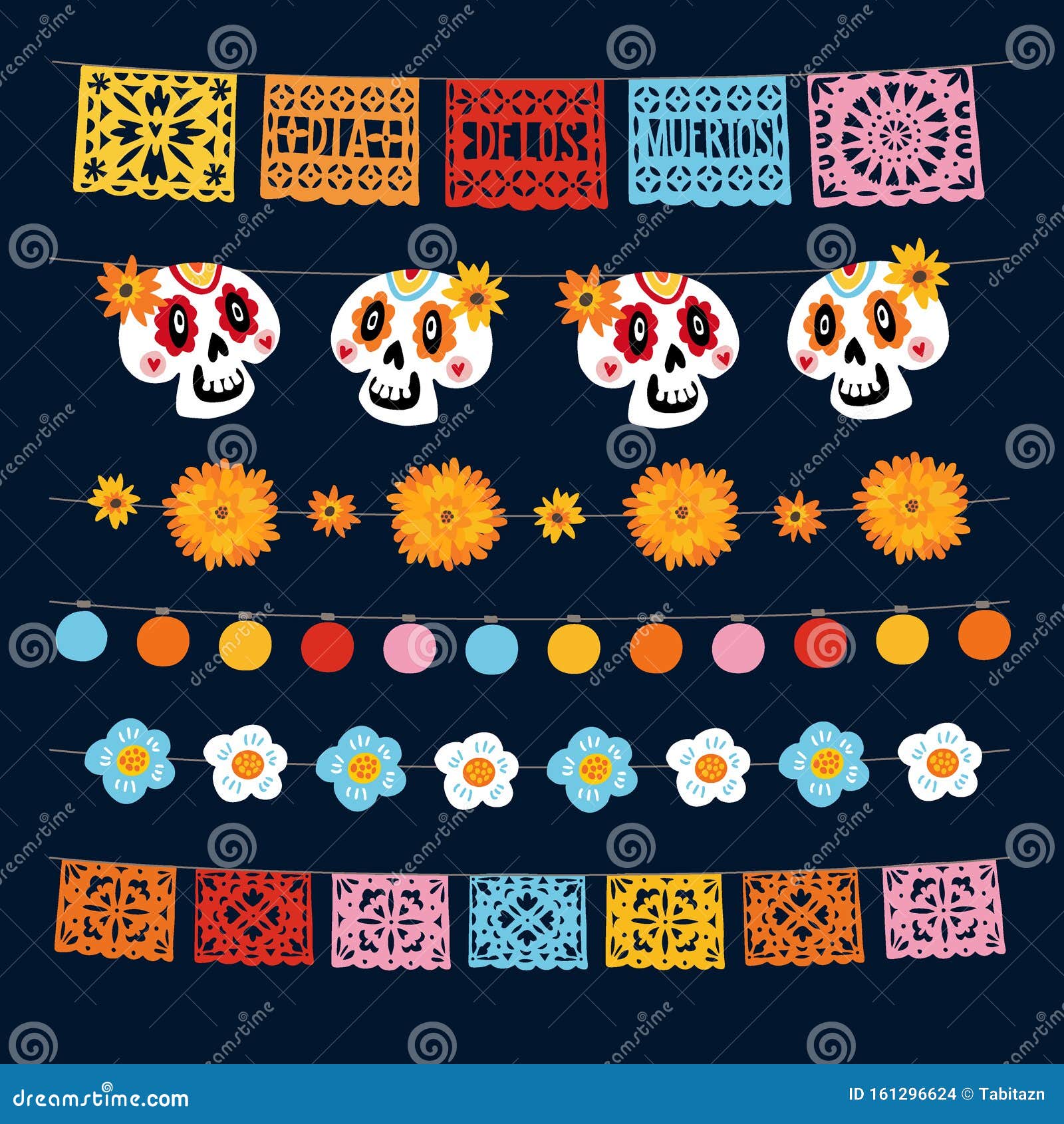 Set of Dia De Los Muertos, Mexican Day of the Dead Garlands with Lights, Bunting Flags, Papel Picado, Marigold and Stock Vector - Illustration of dead, banner: 161296624 Set of Dia De Los Muertos, Mexican Day of the Dead Garlands with Lights, Bunting Flags, Papel Picado, Marigold and Stock Vector - Illustration of dead, banner: 161296624