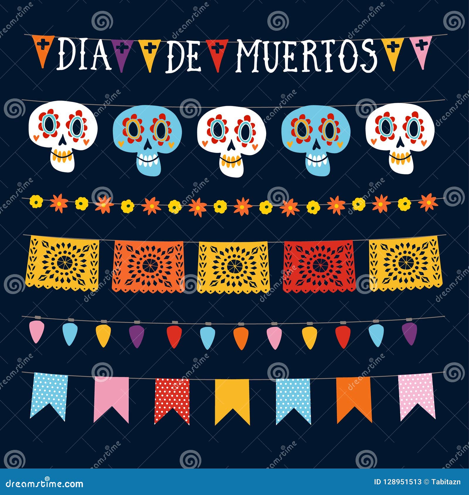 set of dia de los muertos, mexican day of the dead garlands with lights, bunting flags, papel picado and ornamental