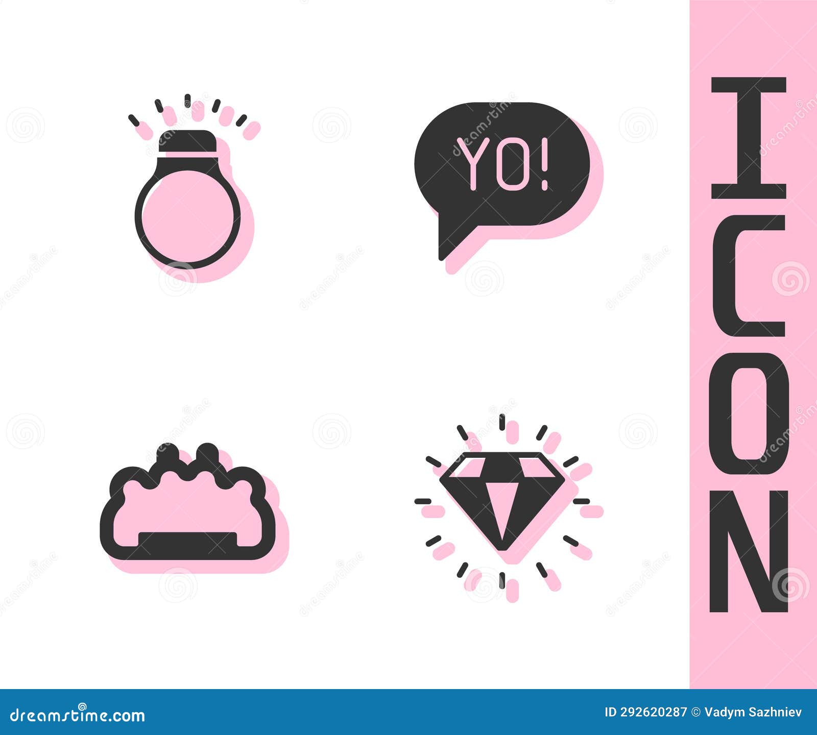 Set Diamond, Ring, Brass Knuckles and Yo Slang Lettering Icon. Vector