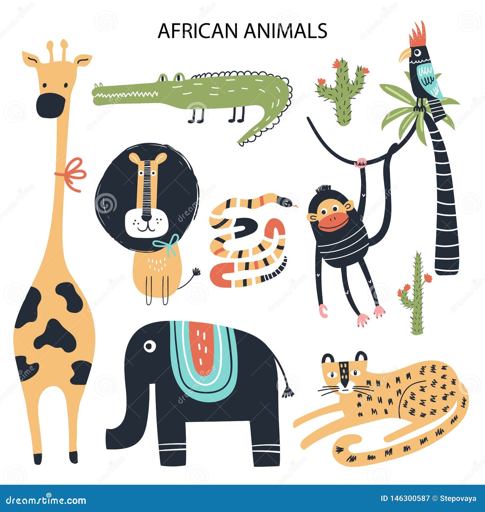 set of diferent cartoon african animals. cute handdrawn kids clip art collection.  