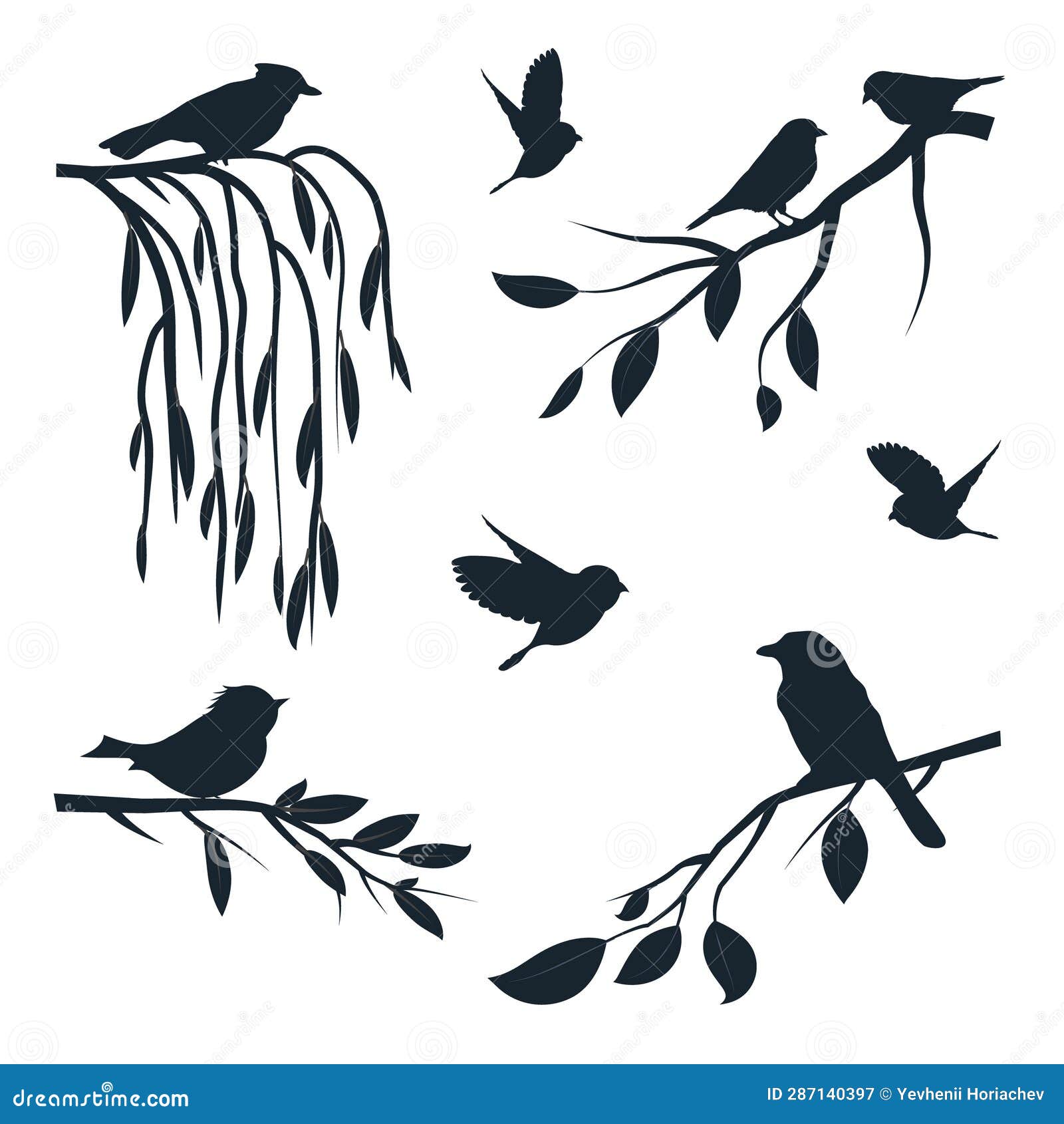 Birds on branches set. stock illustration. Illustration of tail 287140397