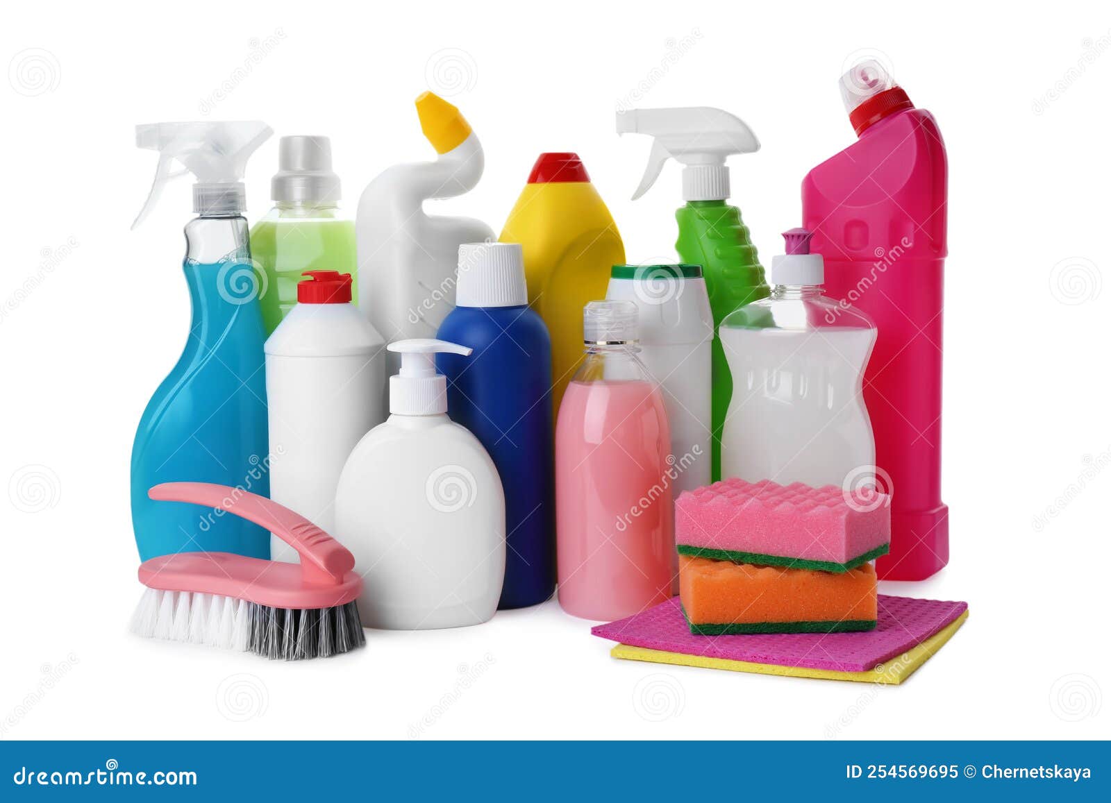 Set of Different Cleaning Supplies on White Background Stock Image