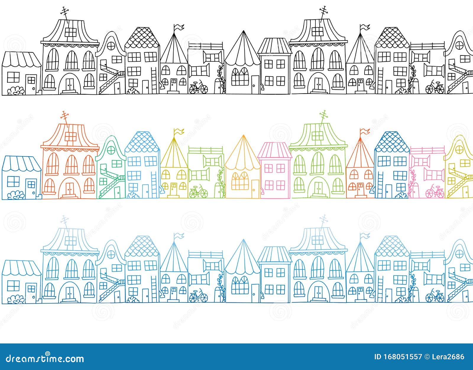Set Of Different Color Examples Of Hand Drawn Houses In Doodle Style Contour Vector Illustration Street Concept Of A Small Town Stock Illustration Illustration Of Black Object 168051557