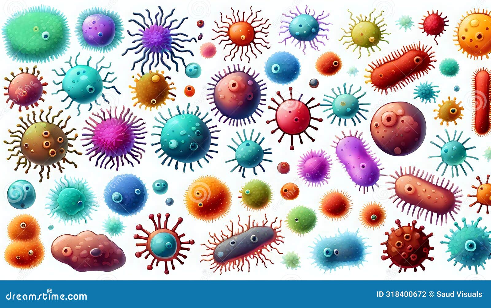 set of different colorful bacteria, microbes and viruses  on opaque white background