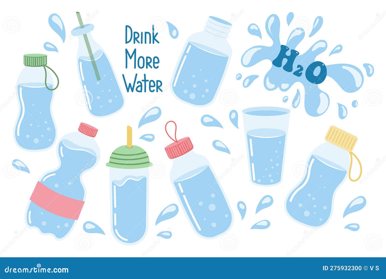 A Set of Different Containers with Clean Water, Glasses, Bottles. the