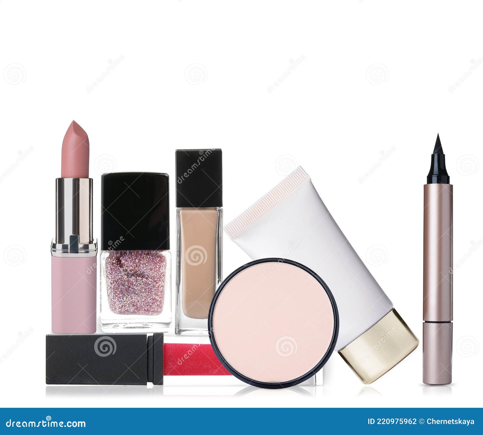 Set with Different Decorative Cosmetics on White Background Stock Photo