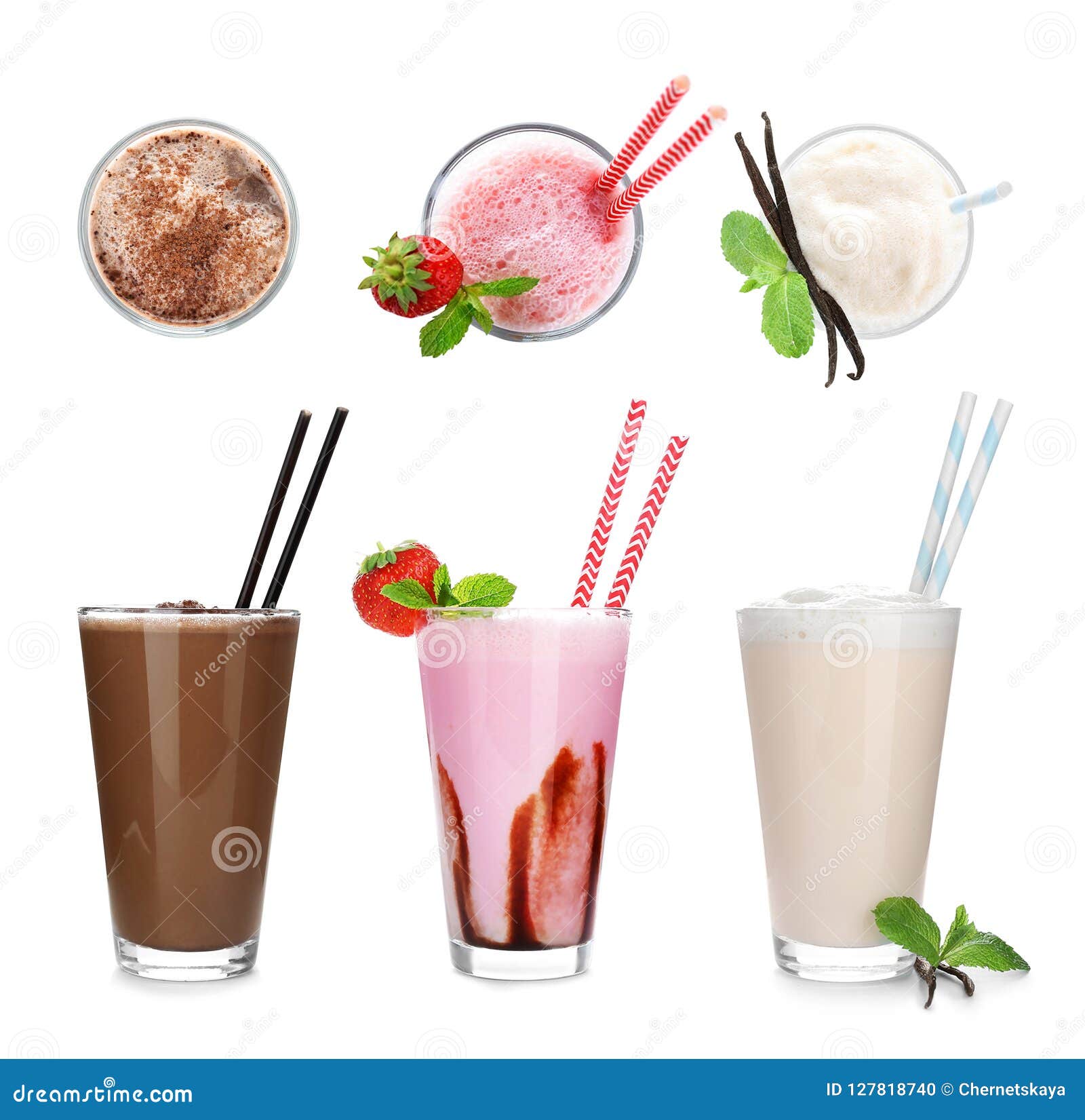 set with different delicious milk shakes