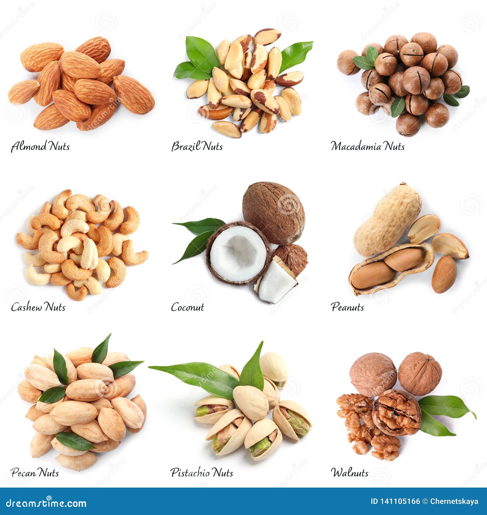 set of different delicious organic nuts on white, top view