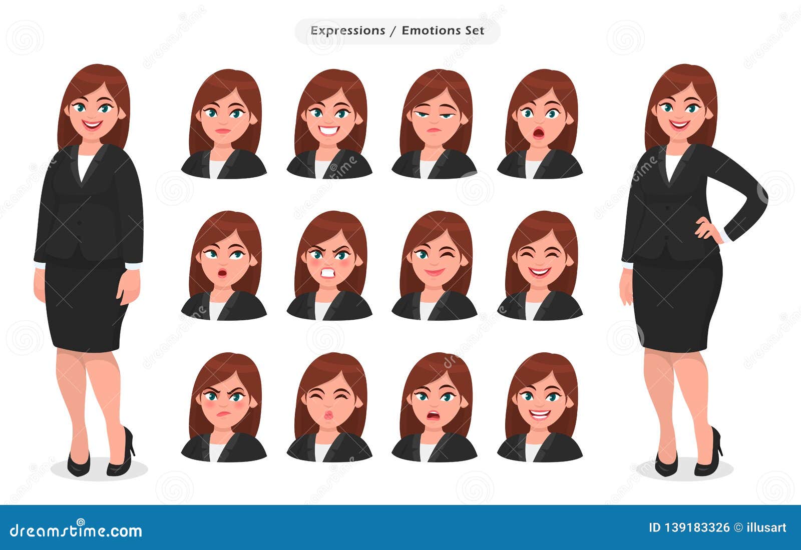 set of different face expressions/emotions for female cartoon character. beautiful woman emoji/avatar with various facial.