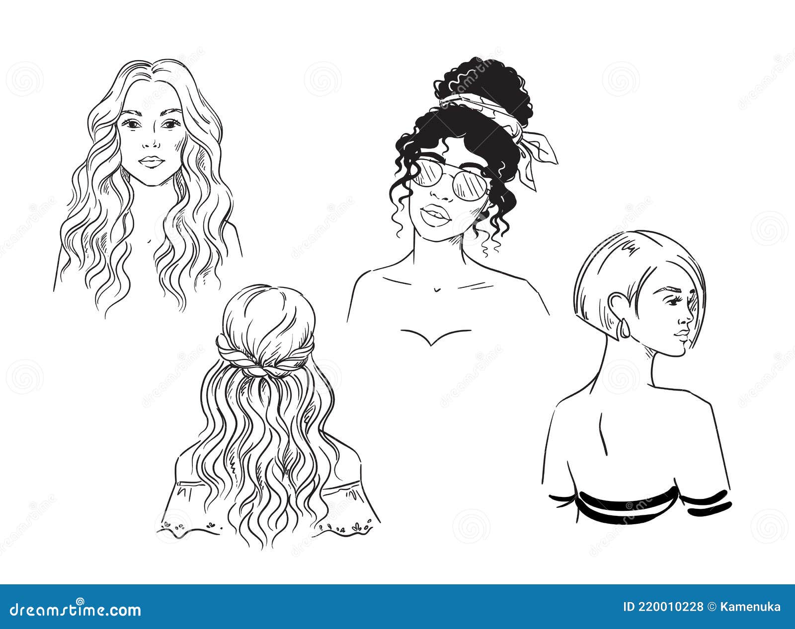 Set of Different Female Hairstyles Vector Black and White Sketch Stock