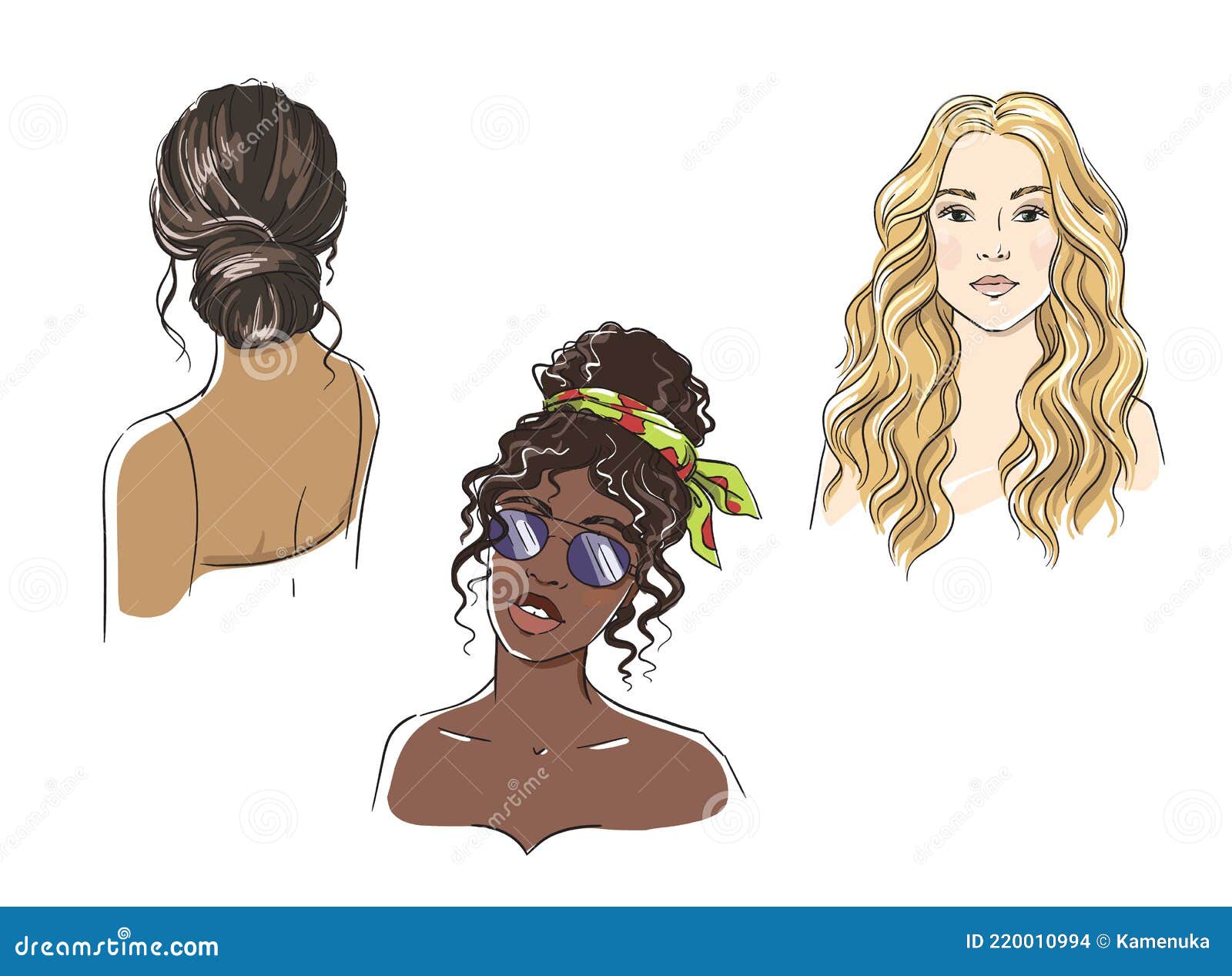 set of different female hairstyles, women of different ethnicities   