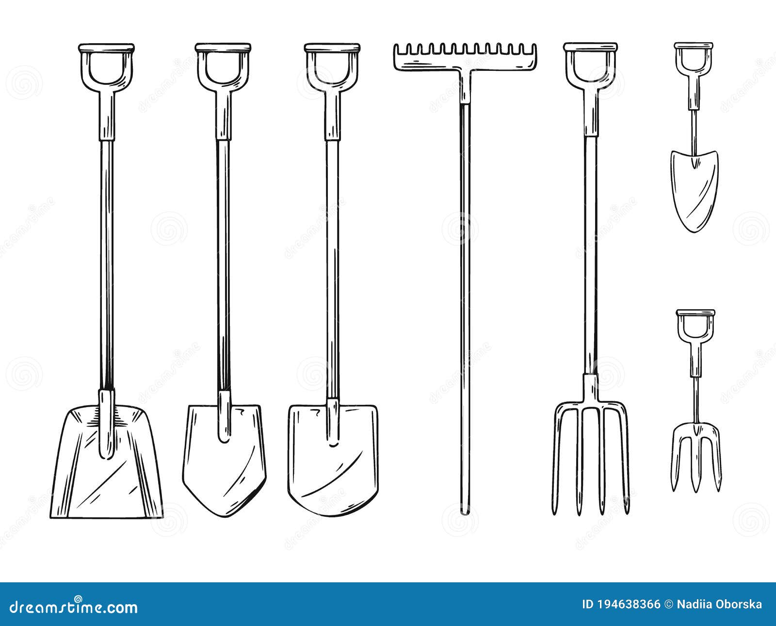 Set of Different Garden Tools. Shovel, Rake, Pitchfork, Spade Isolated