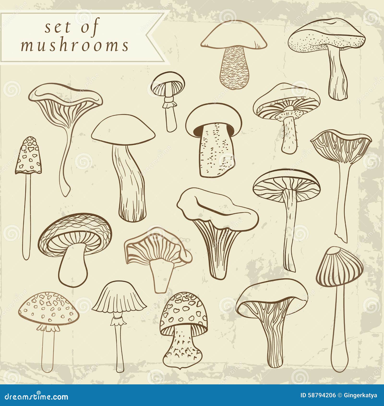 Set of Different Hand Drawn Mushrooms in Pastel Stock Vector