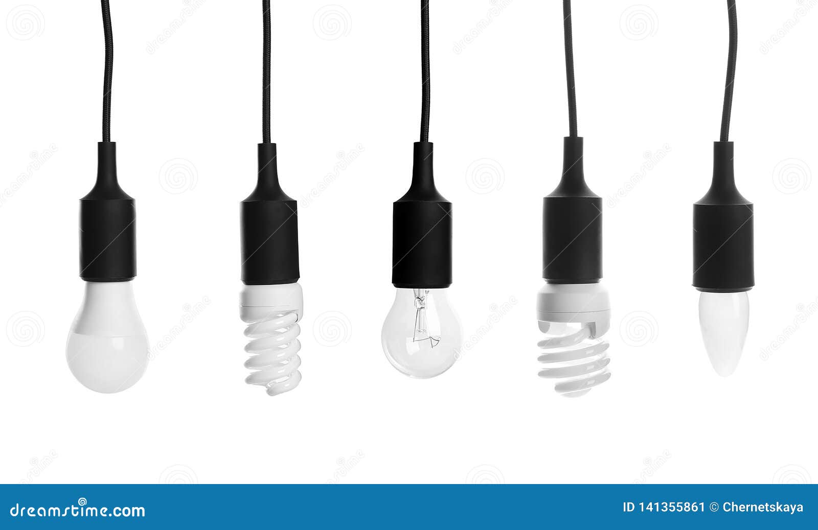 Set of Different Hanging Lamp Bulbs with Wires Stock Image Image of