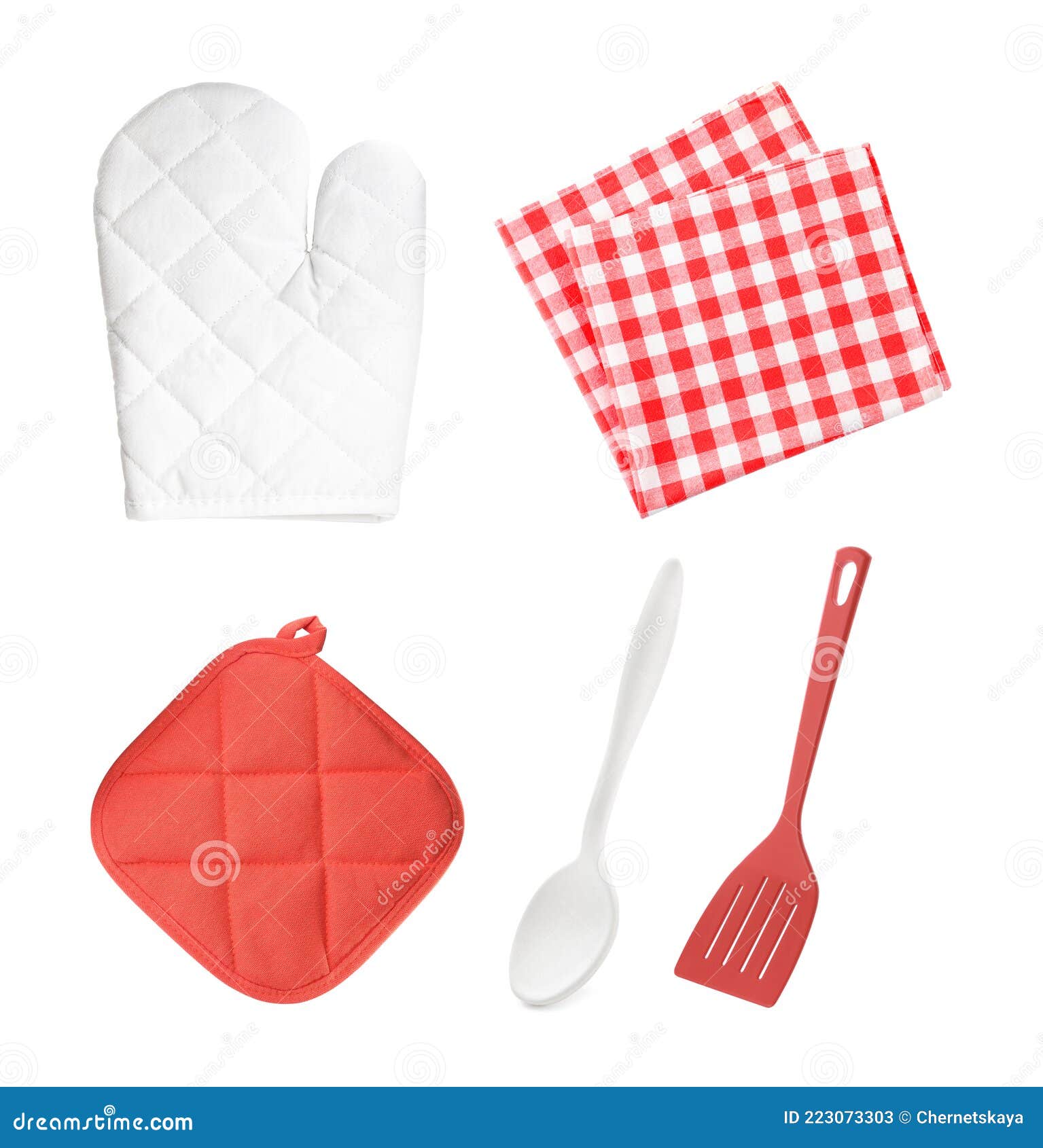 Set with Different Kitchen Utensils and Oven Glove on White Background