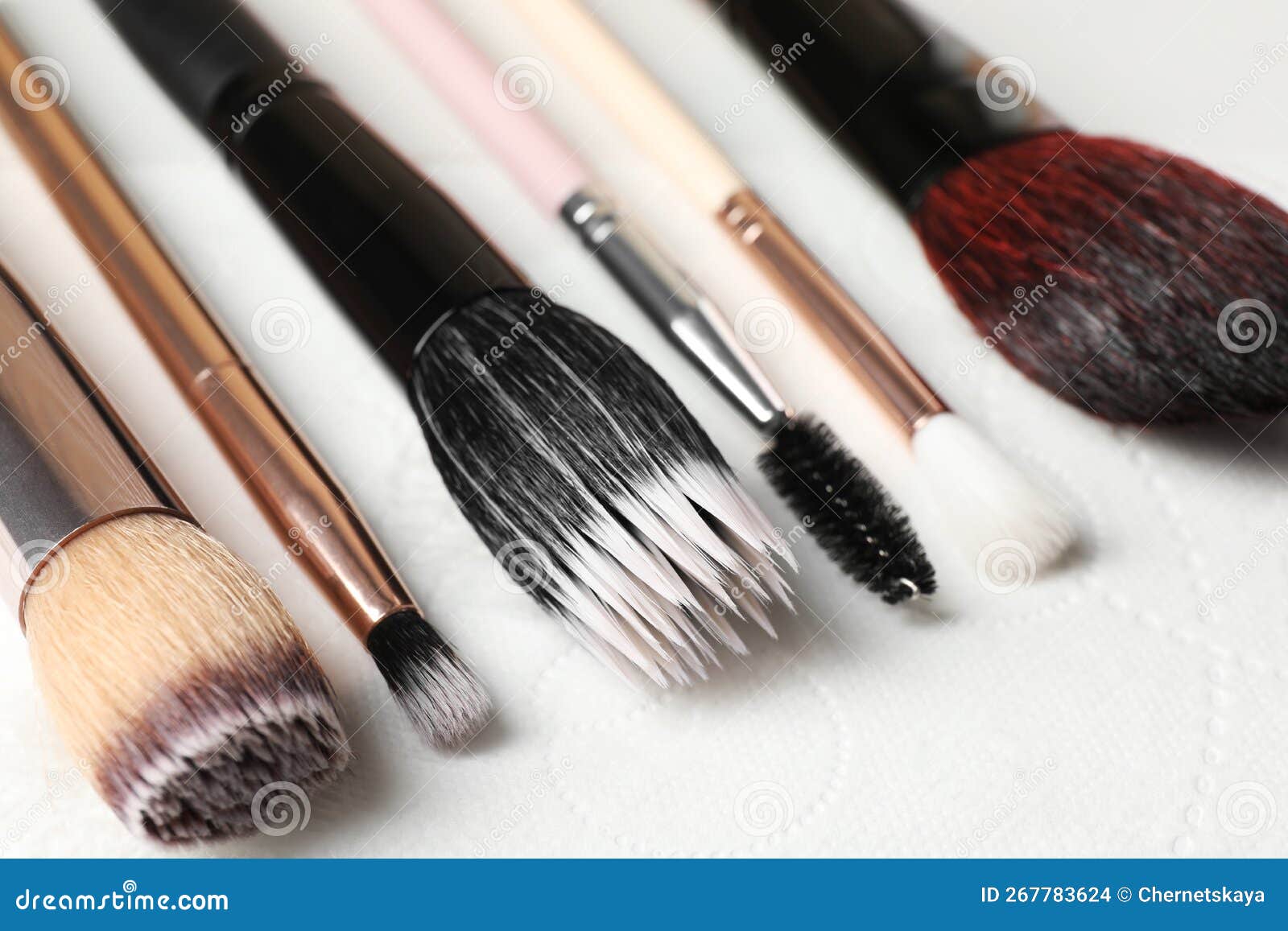 Set of Different Makeup Brushes Drying after Cleaning on Paper Towel