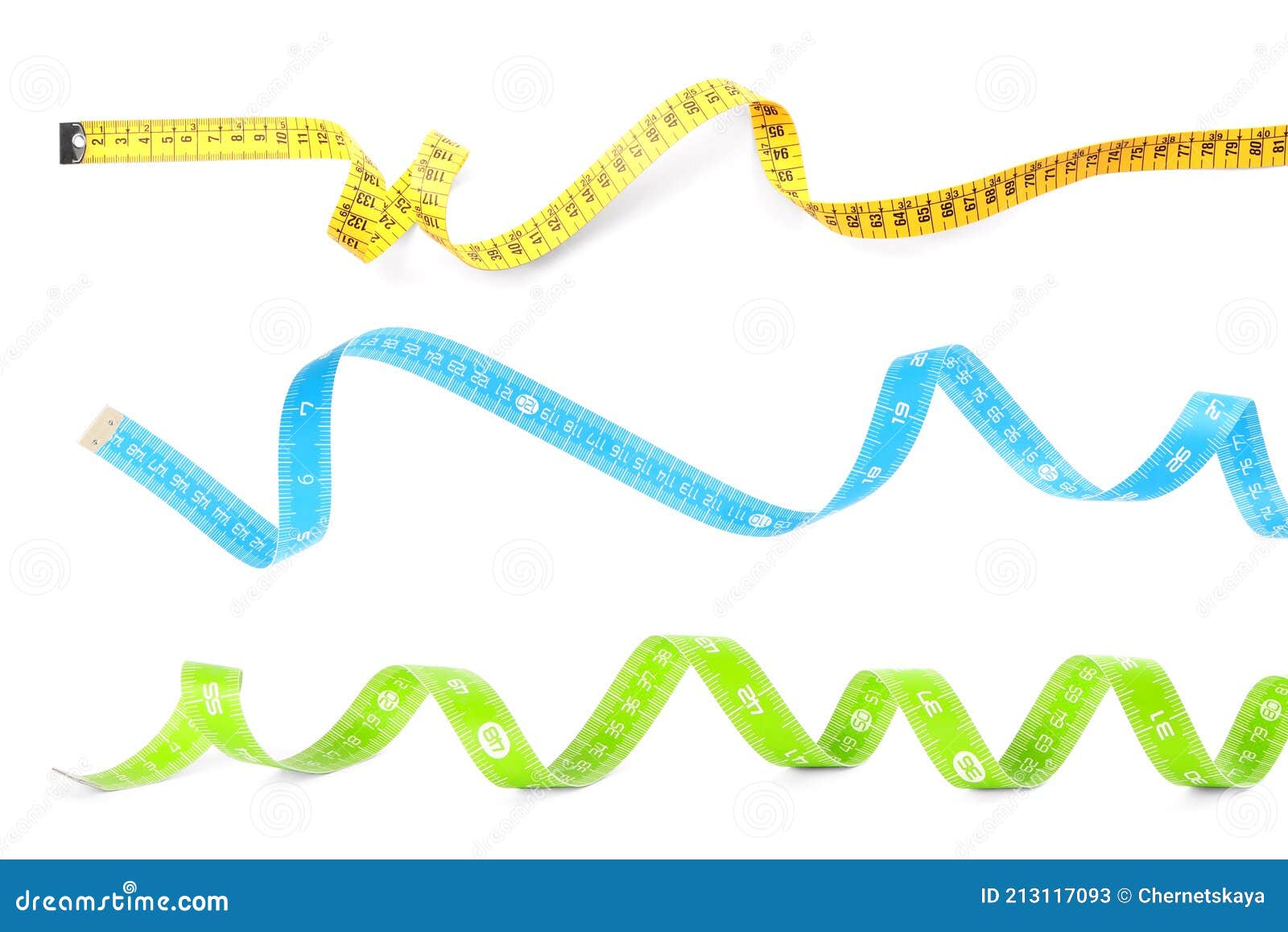 Set with Different Measuring Tapes on White Background Stock Image