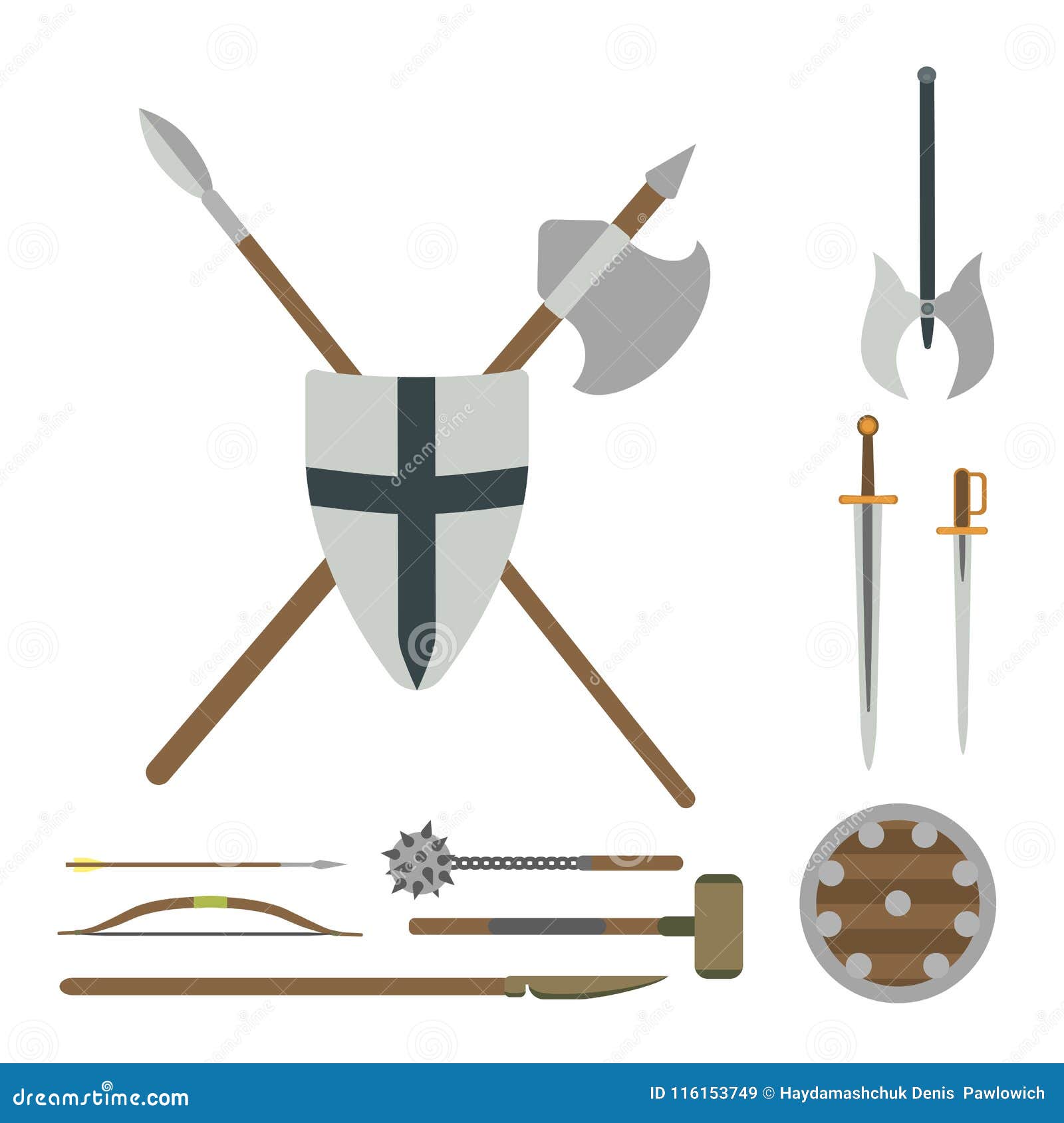 Set Of Different Medieval Weapons Vector Flat Illustrations. Stock ...