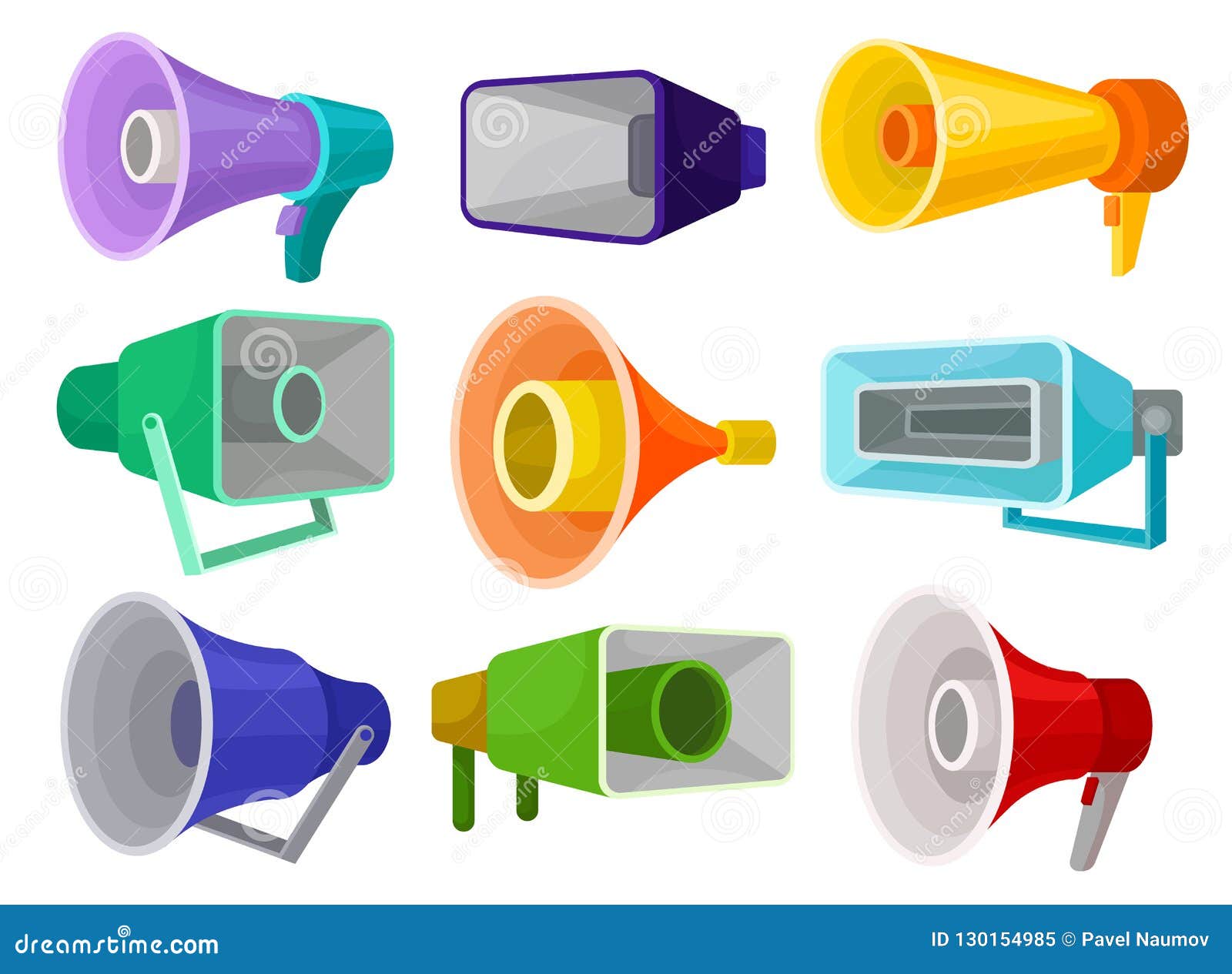 flat  set of different megaphones. loud-speakers. objects for announcement public message