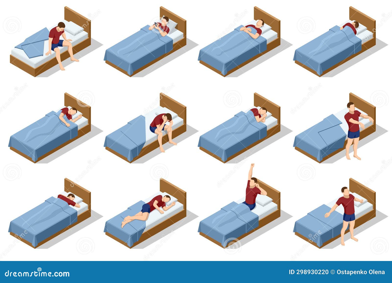 Set of Different Men Sleeping Poses, Sleeping and Dreaming in Beds