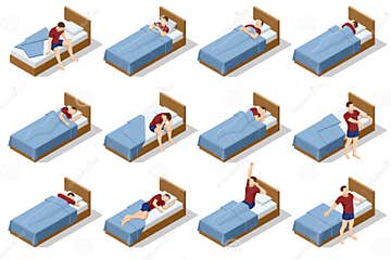 Set of Different Men Sleeping Poses, Sleeping and Dreaming in Beds