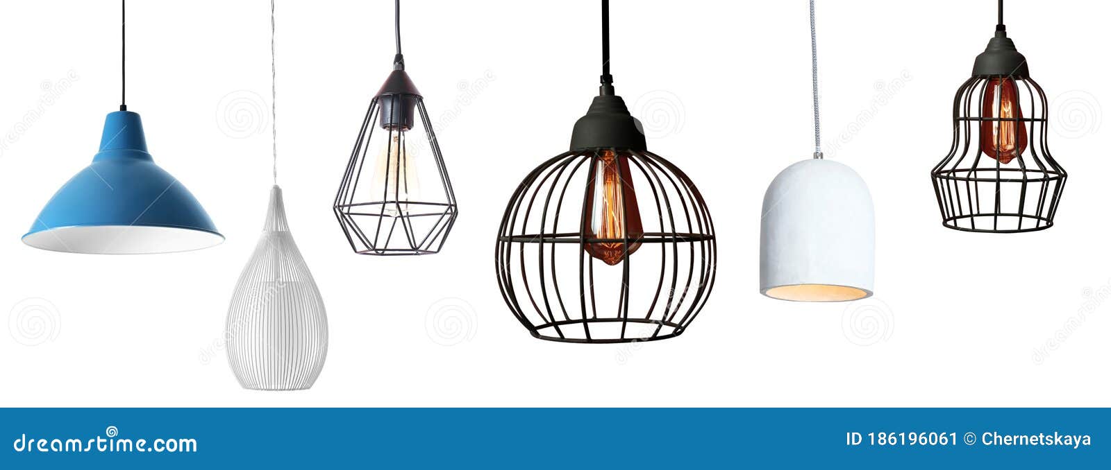 Set of Different Modern Hanging Lamps on Background. Banner Design