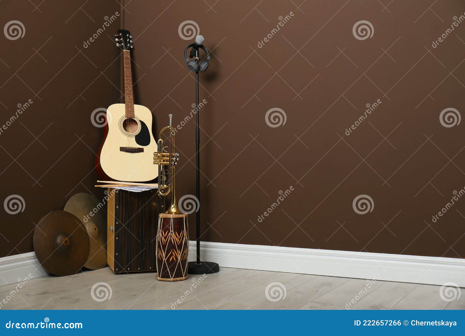 Set of Different Musical Instruments and Microphone Near Brown Wall