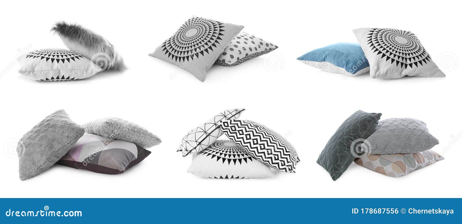 Set of Different Pillows on Background. Banner Design Stock Photo