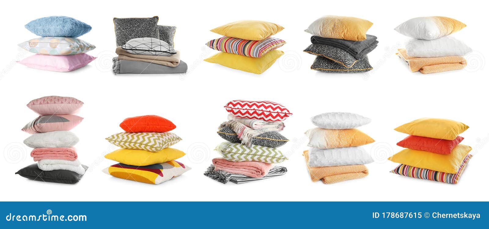 Set of Different Pillows on Background. Banner Design Stock Image