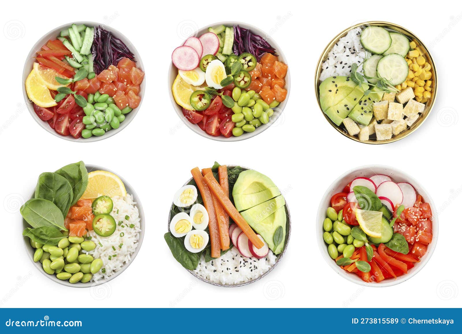 Set of Different Poke Bowls Isolated on White, Top View Stock Image