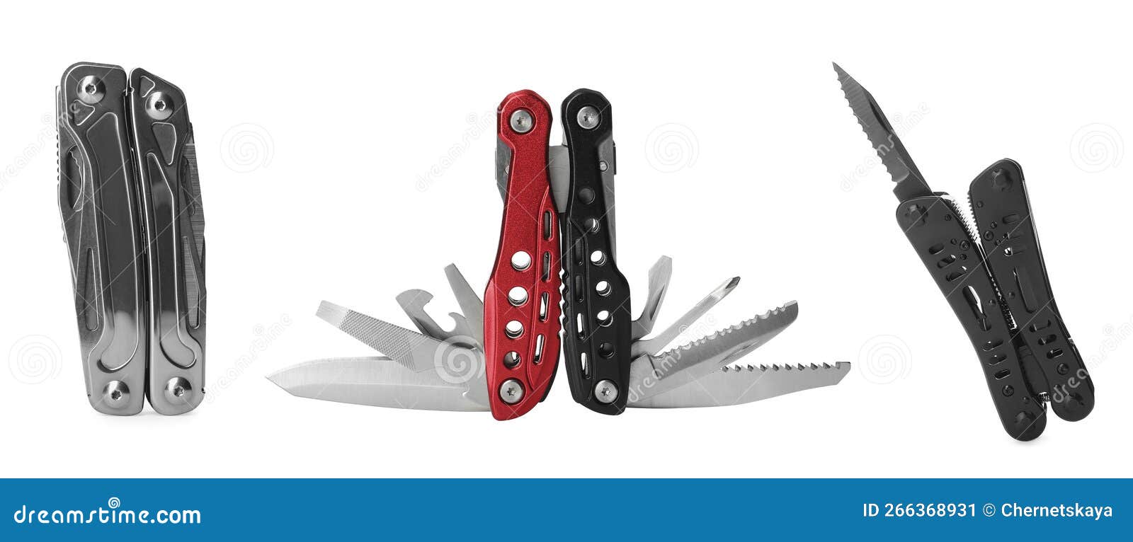 set with different portable multitools on white background. banner 