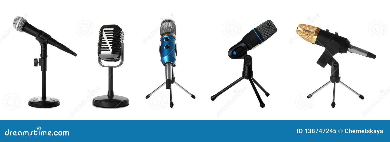 Set of Different Professional Microphones in Holders Stock Illustration