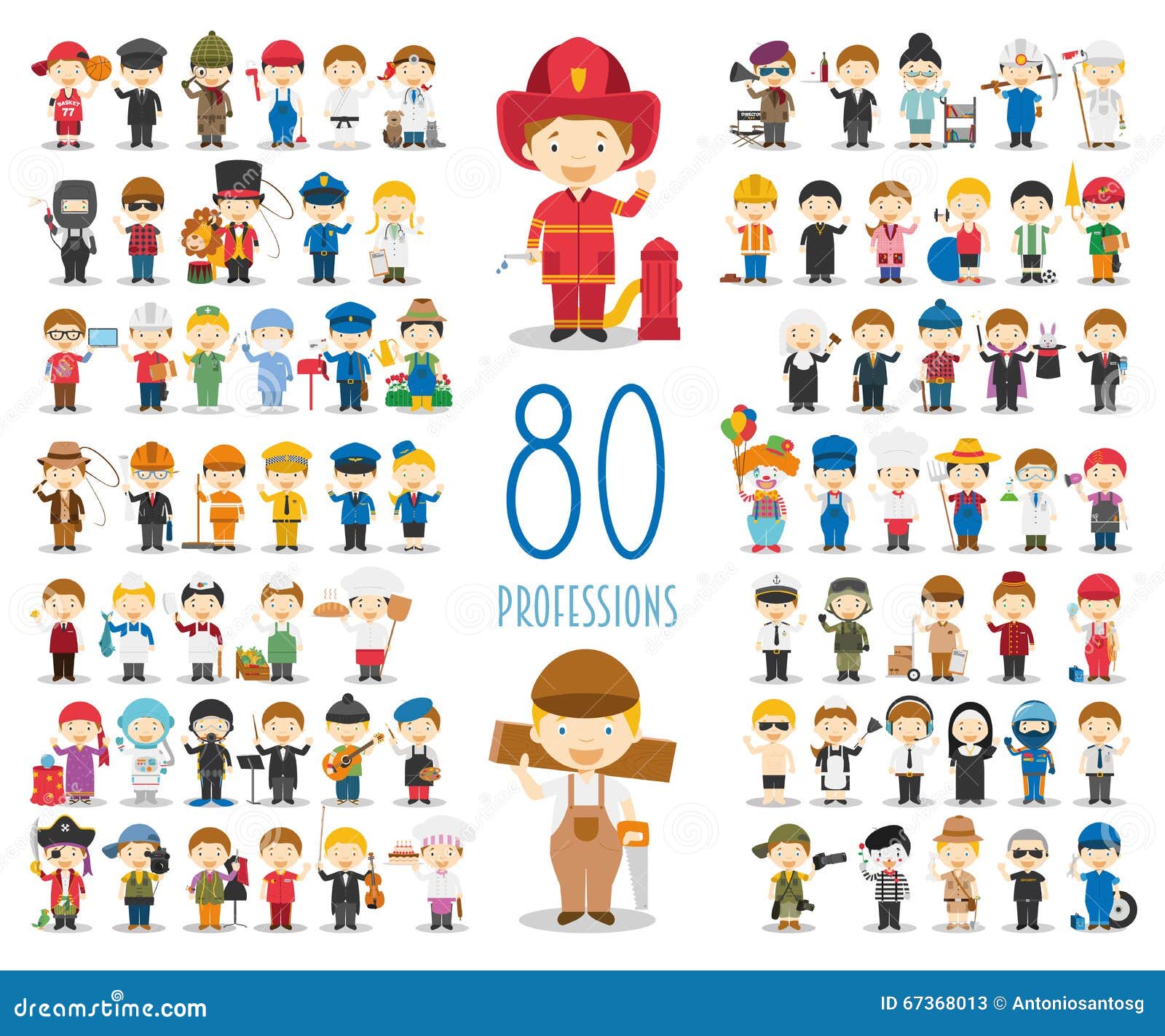 set of 80 different professions in cartoon style.