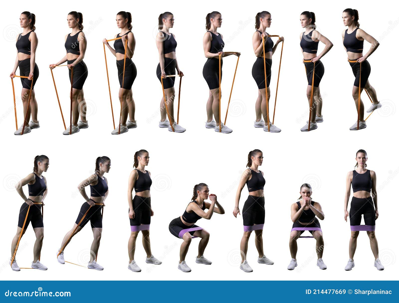 Set of Different Resistance Band Stretching Exercises for Legs or Arms by  Fitness Woman. Stock Image - Image of exercises, isolated: 214477669