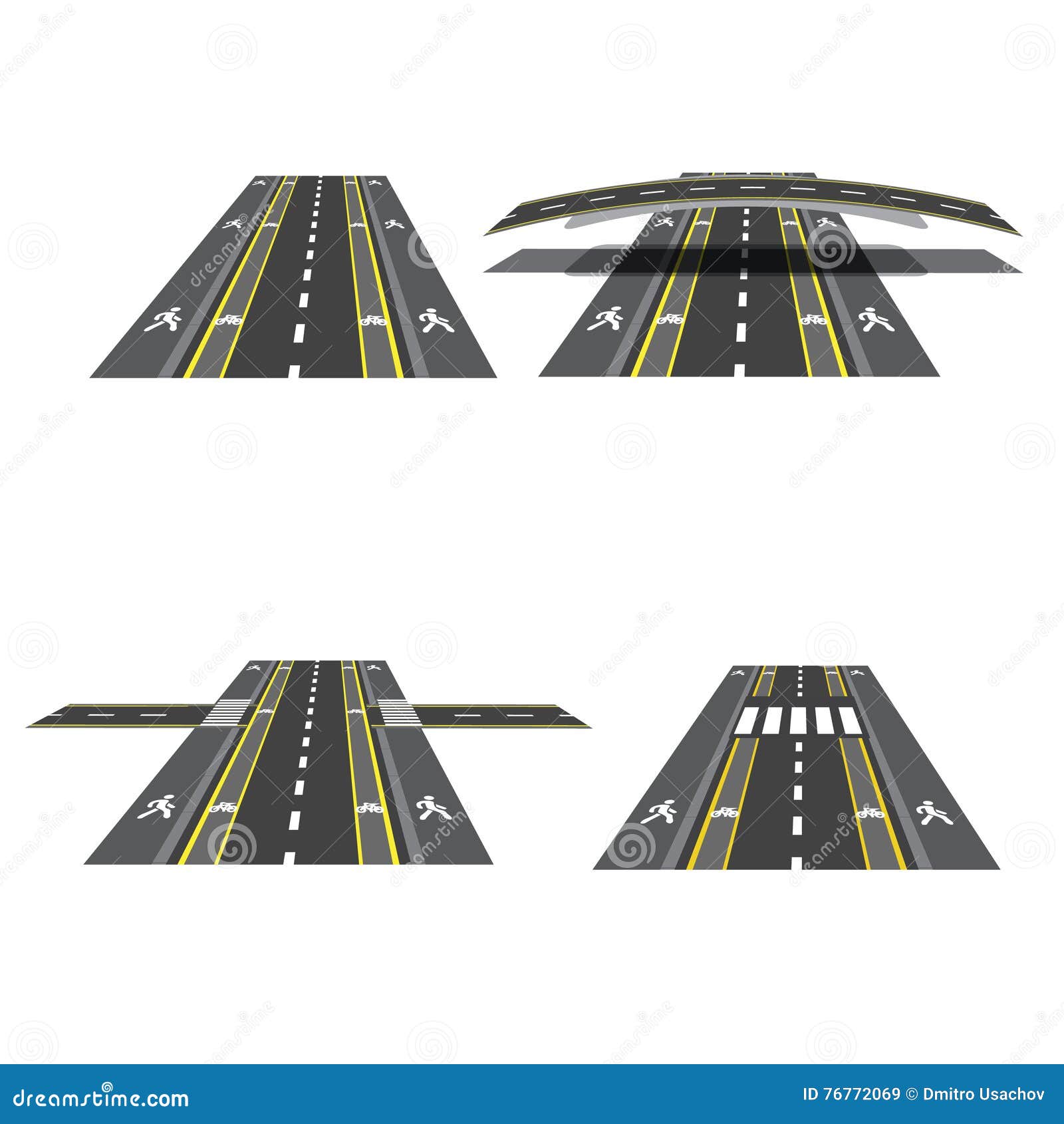 Set Of Different Road Sections With Transitions, Bike Paths, Sidewalks