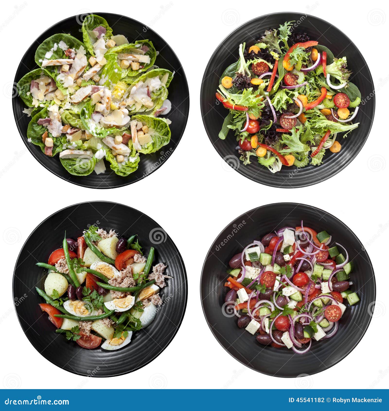set of different salads on white background