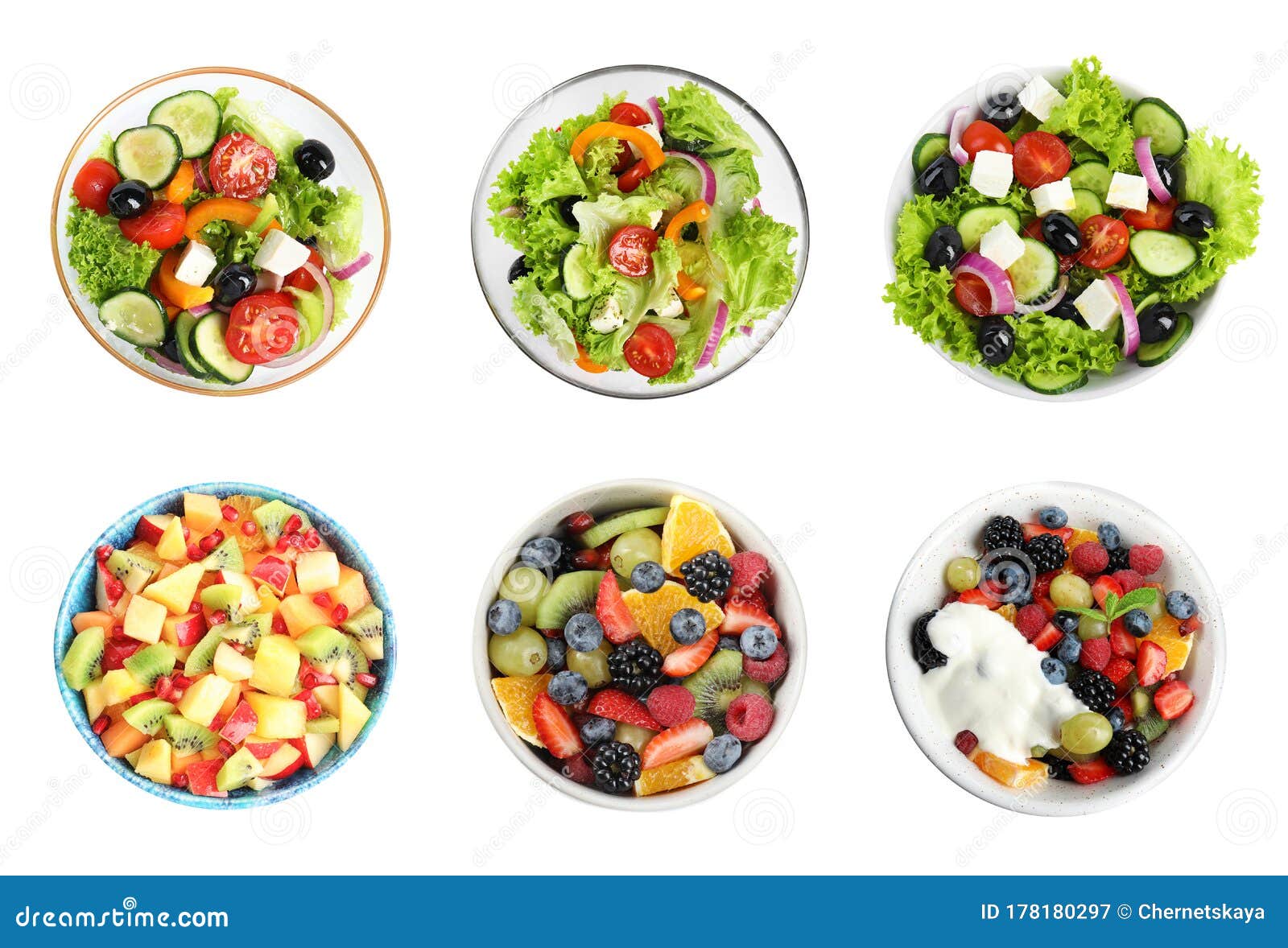 set with different salads on white background