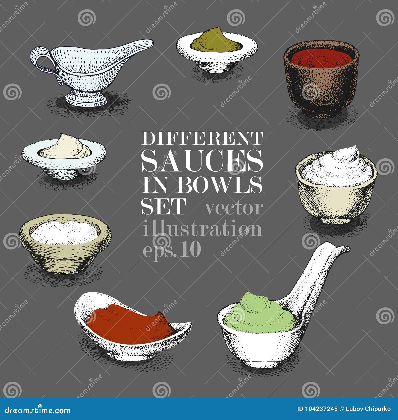 Set of Different Sauces. Hand Drawn Vector Illustrations. Stock Vector
