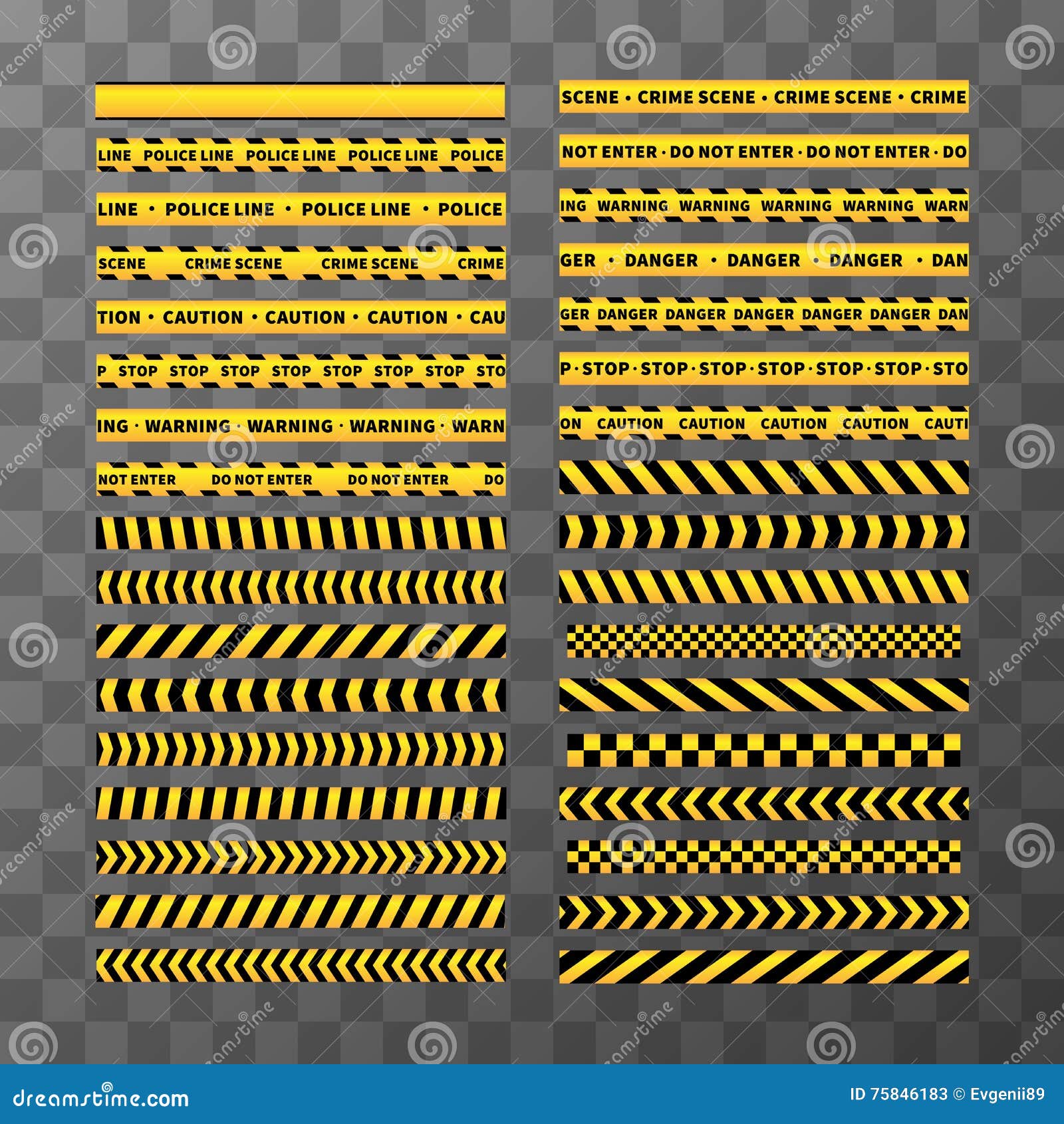Set of Different Seamless Yellow and Black Caution Tapes on Transparent Background Stock Vector