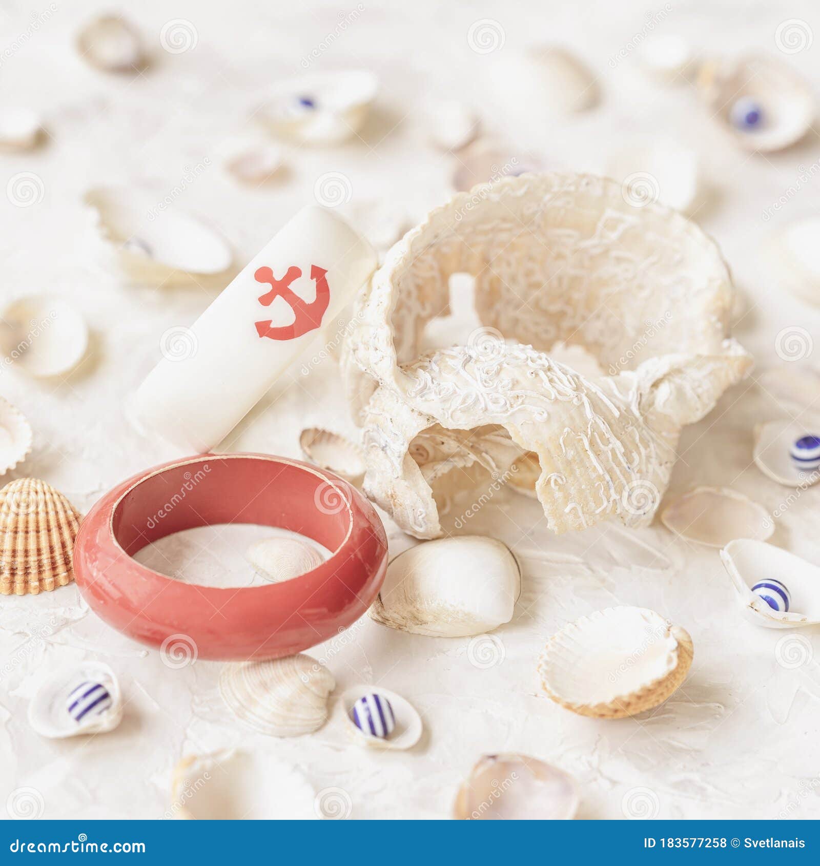 Set of Different Seashells and Bracelet with Anchor, Summer Composition ...