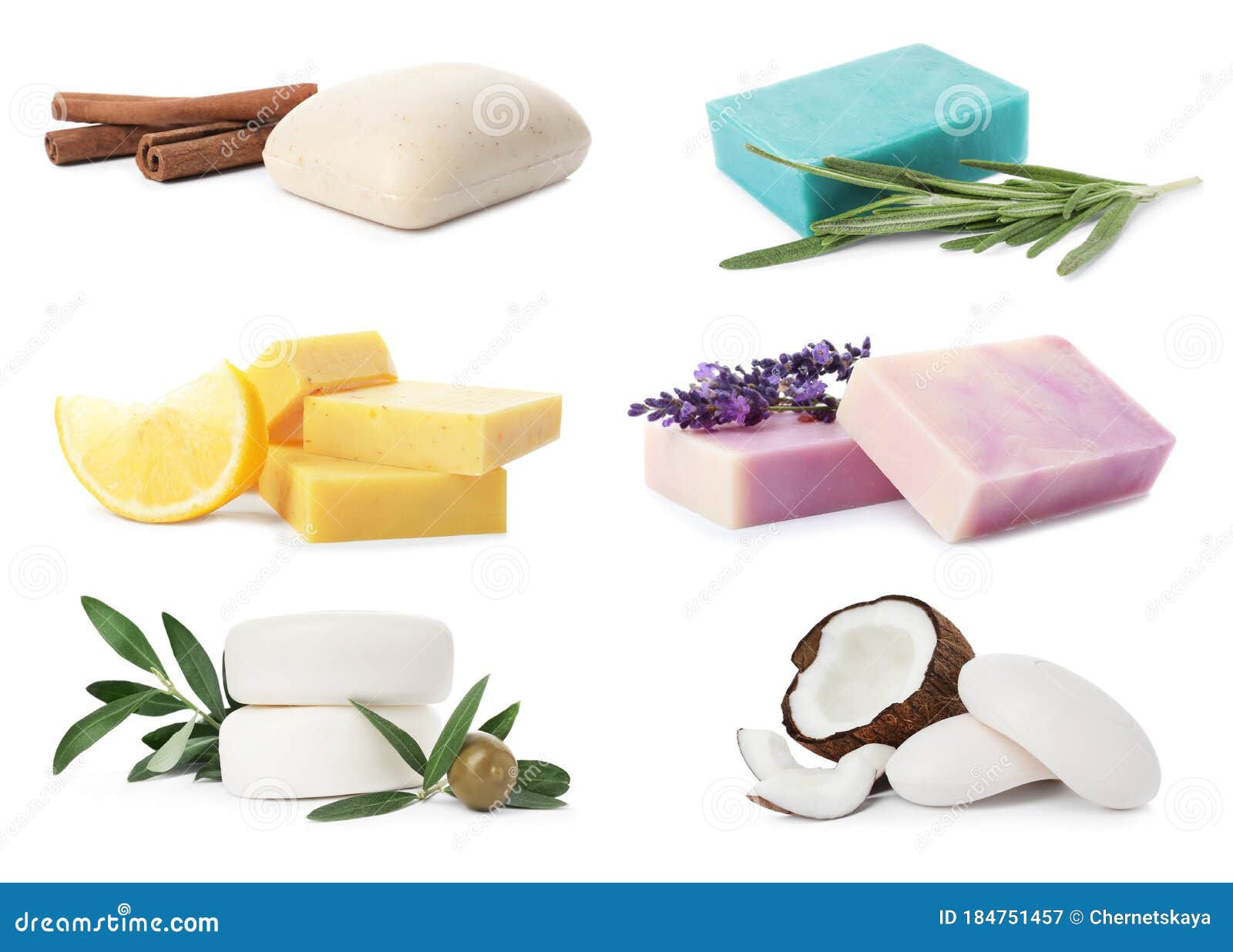 Set of Different Soap Bars and Ingredients on Background Stock Image