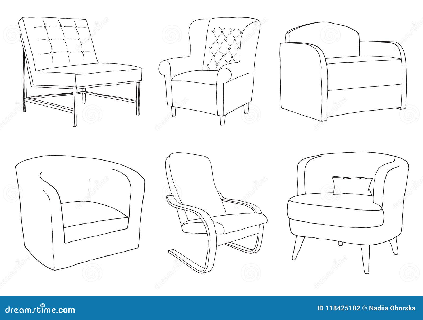 Set of Different Soft Armchairs. Linear Sketch. Vector Illustration
