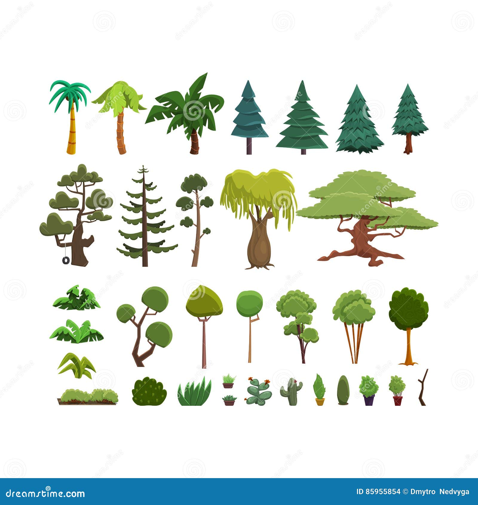 a set of different species of trees and shrubs in a flat style.