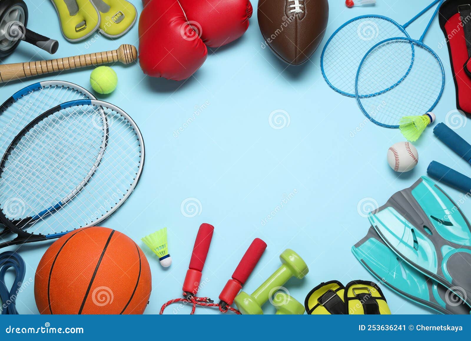 Set of Different Sports Equipment on Light Blue Background, Flat Lay